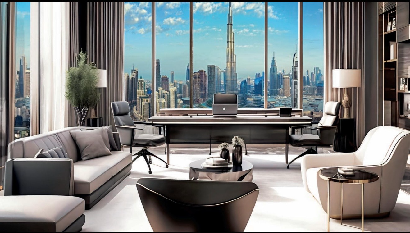 Executive office lounge overlooking the Dubai skyline